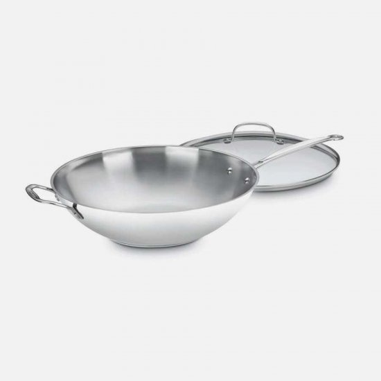 726-38H Chef\'s Classic? Stainless 14\"\" Stir-Fry Pan with Helper Handle & Glass Cover Cuisinart New